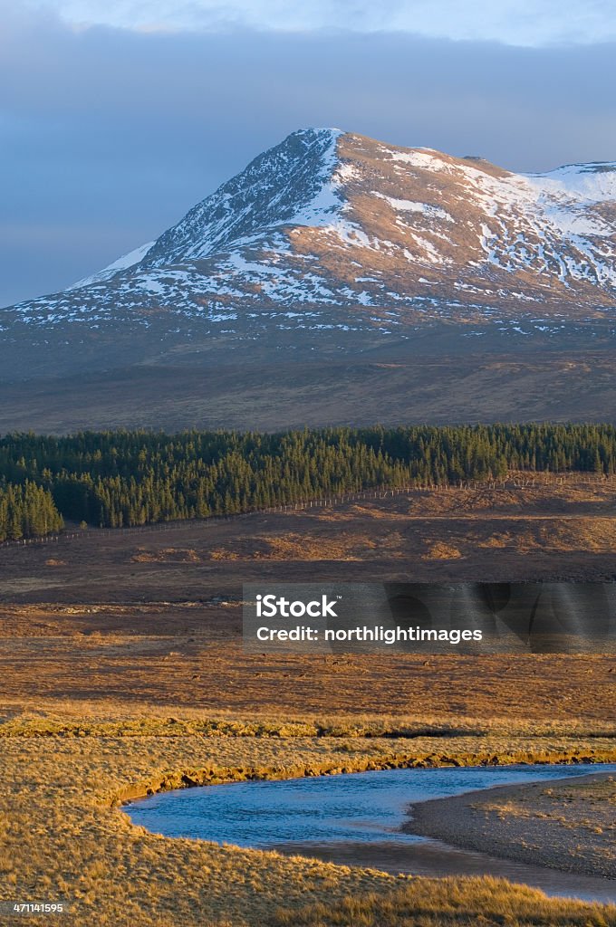 Strath Bran in late golden light Looking across Strath Bran and the River Bran to Sgurr a'Ghlas Leathaid, near Achnasheen, Ross-shire. A typical Scottish Highland landscape bathed in the golden light on a winter afternoon. Beauty In Nature Stock Photo