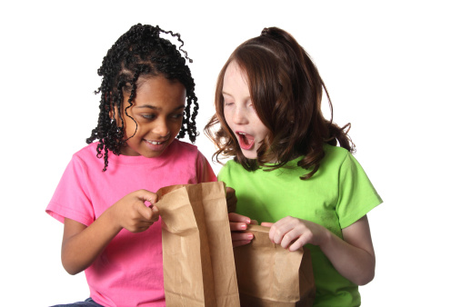 Two little girls comaring their bag lunches