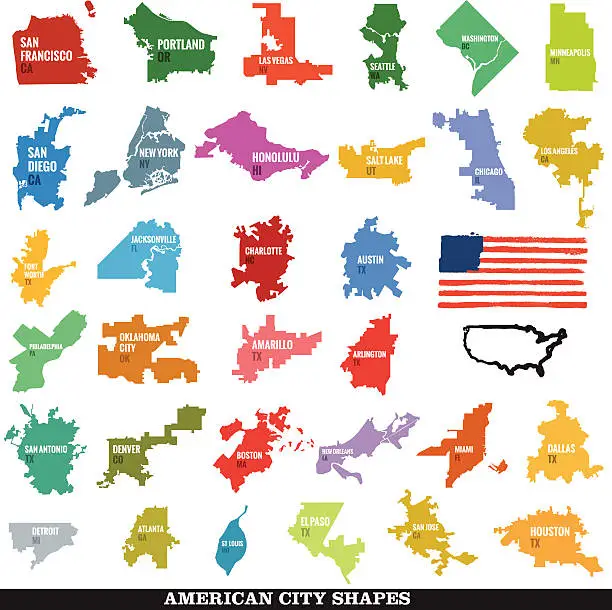 Vector illustration of Biggest US City Shapes