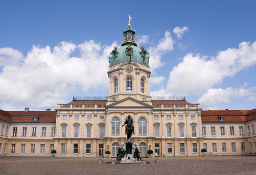 Berlin, Germany - Sep 6, 2019: Charlottenburg Palace and Great Elector Friedrich Wilhelm Statue - Berlin, Germany