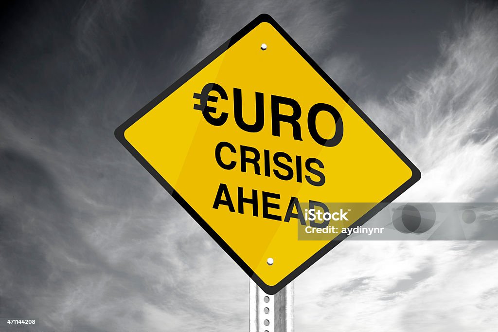 Euro Crisis Ahead 'Euro Crisis Ahead' road sign. 2015 Stock Photo