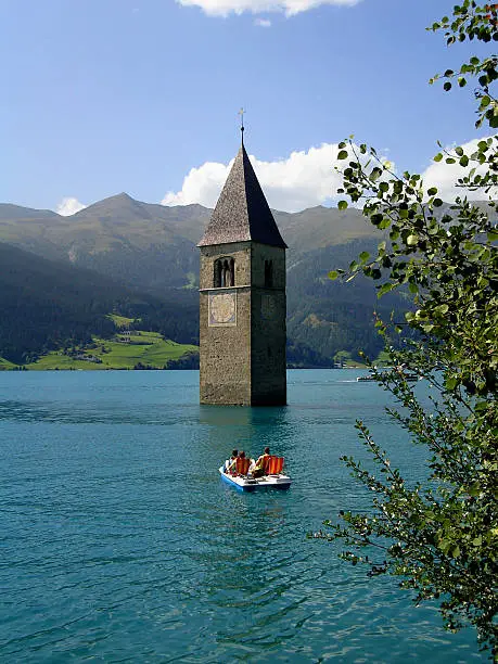 Lake Resia (Reschensee), Reschenpass, Curon Venosta (Graun im Vinschgau), Italy