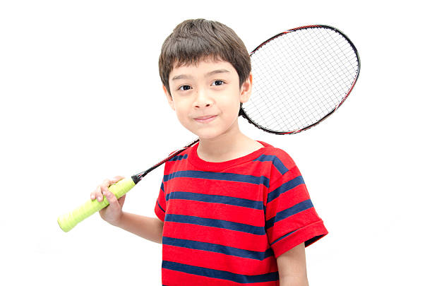 istock Little boy taking badminton racket with happy face isolate 471144686