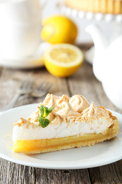 istock Lemon meringue pie on plate on grey wooden background 471145040