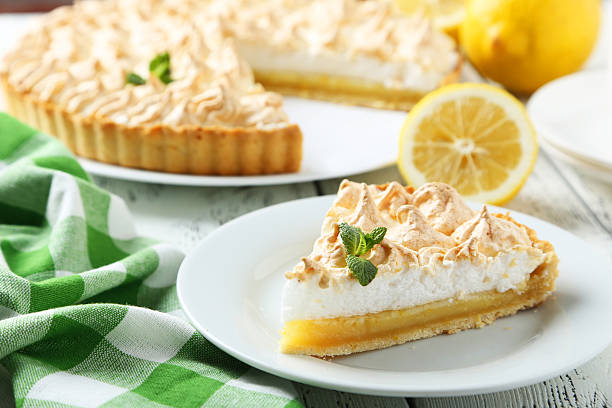 istock Lemon meringue pie on plate on white wooden background 471145050