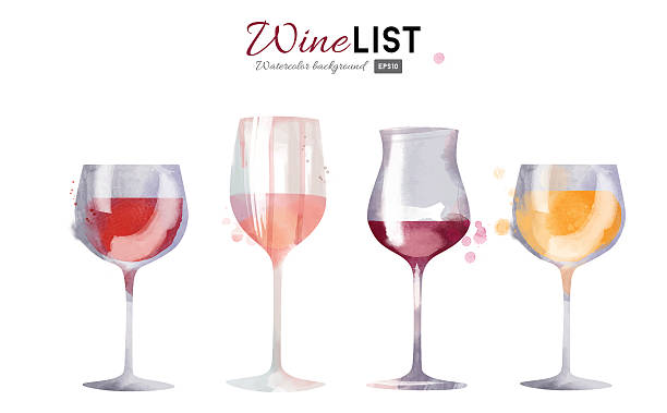 워터컬러 벡터 와인 배경기술 설정 - wineglass illustration and painting isolated on white clipping path stock illustrations