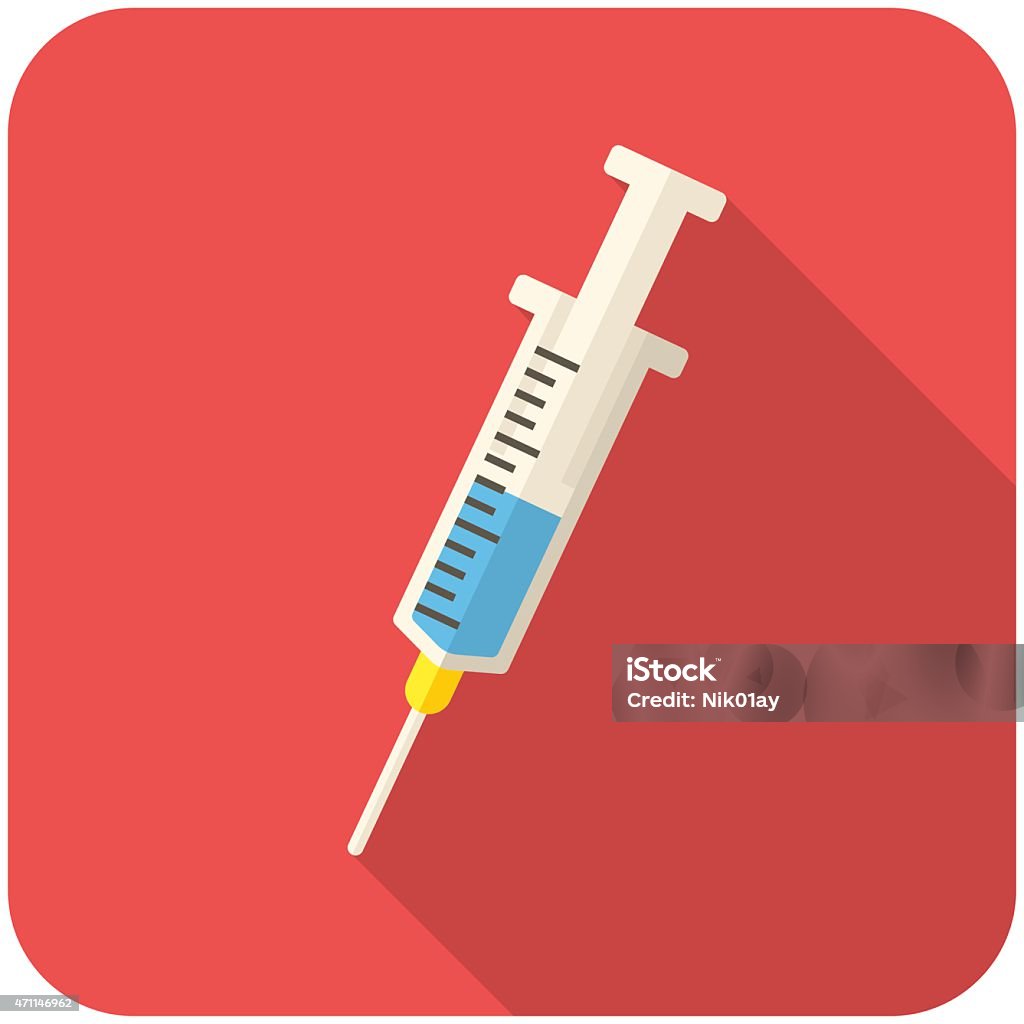 Cartoon syringe half filled with blue liquid on red backing Medical syringe, modern flat icon with long shadow Vaccination stock vector