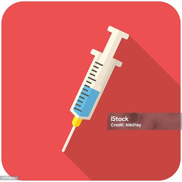 Cartoon Syringe Half Filled With Blue Liquid On Red Backing Stock Illustration - Download Image Now