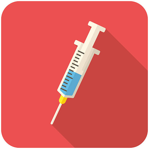 cartoon syringe half filled with blue liquid on red backing - 注射疫苗 插圖 幅插畫檔、美工圖案、卡通及圖標
