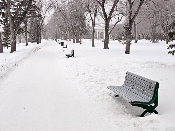 サスカトゥーンの冬の公園 - snow winter bench park ストックフォトと画像