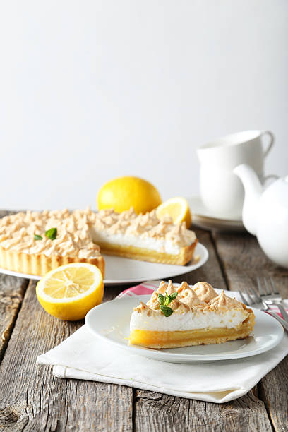 istock Lemon meringue pie on plate on grey wooden background 471149830