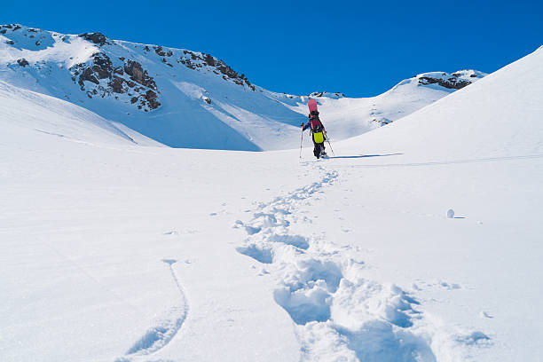 Snowboarder in winter Snowboarder alpinist on the Alps mountains close to Lac du Lou, Val Thorens, France muster station stock pictures, royalty-free photos & images