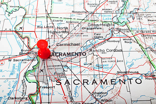 Destination Sacramento Destination: Sacramento, California. T&S lens for extended DOF. usa road map selective focus macro stock pictures, royalty-free photos & images