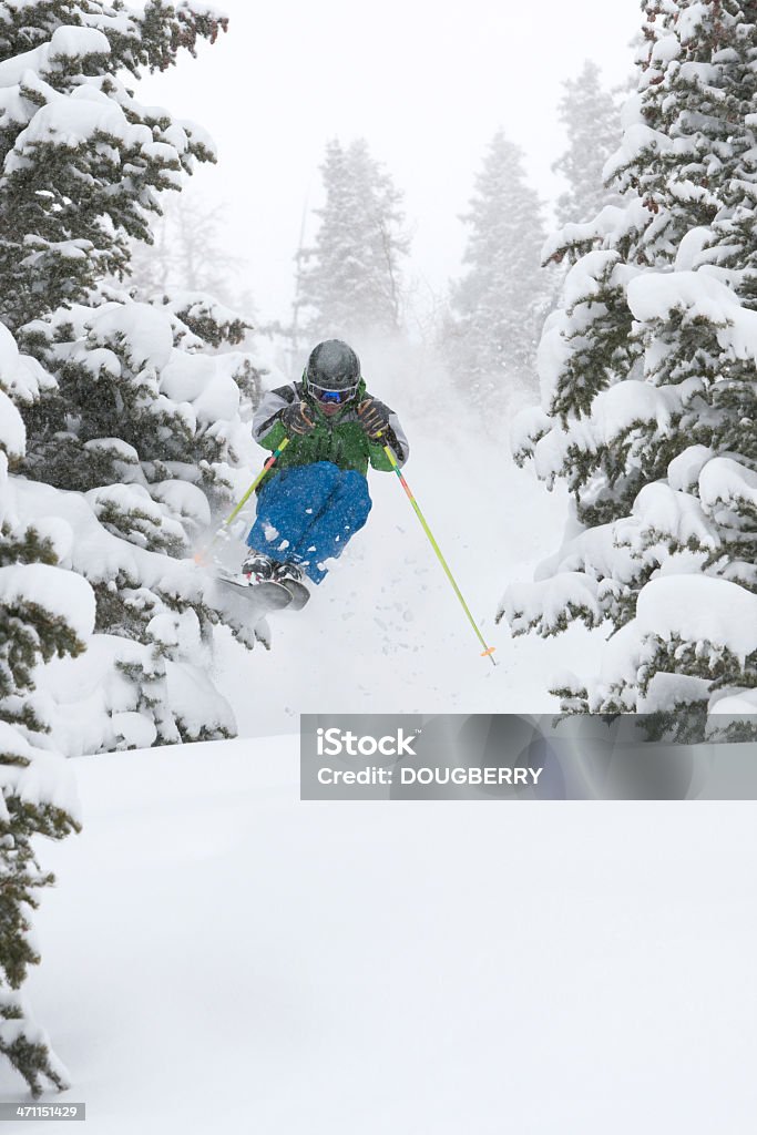 Esquiador no ar, em um dia de neve - Foto de stock de Esqui - Esqui e snowboard royalty-free