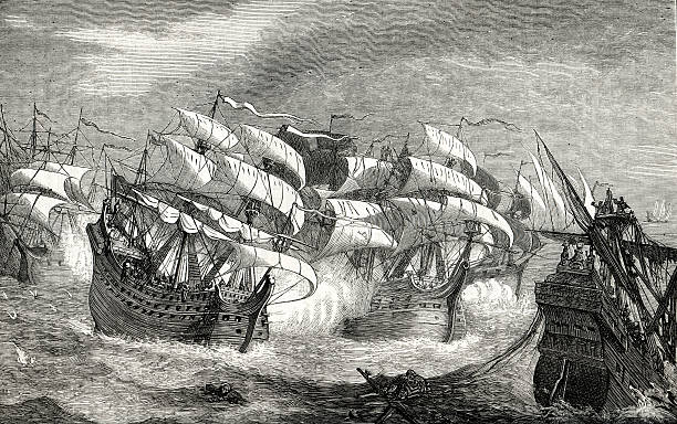 Attacking the treasure ship Vintage engraving from 1875 showing English ships under the command of Sir Francis Drake attacking Spanish treasure ship. sinking ship pictures pictures stock illustrations