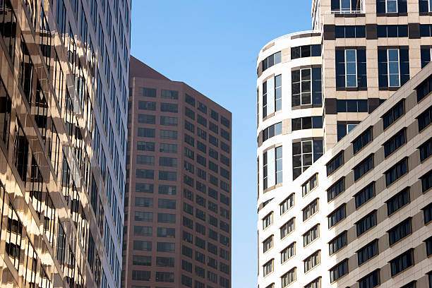 Skyscrapers architecture details against deep blue sky. Los Angeles, Caifornia, USA.