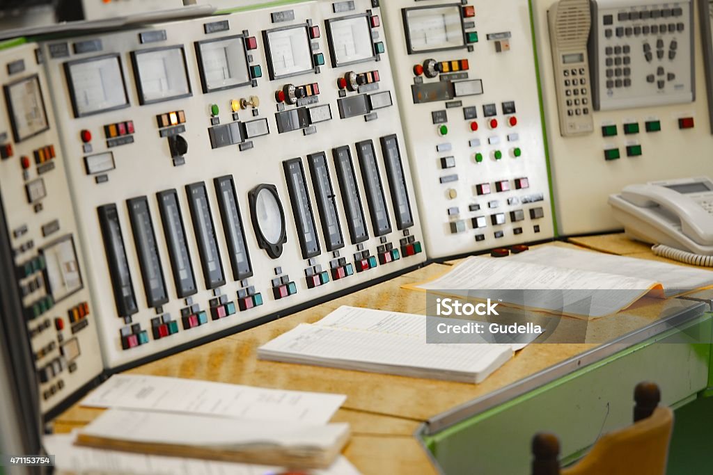 Close up of the control room and papers Control panel of a nuclear laboratory 2015 Stock Photo