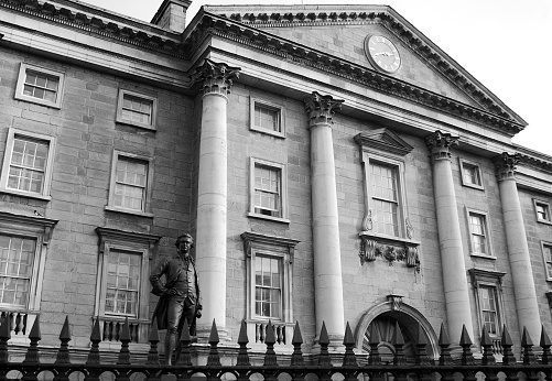 Outside Trinity College in Dublin, Ireland in black and white.  