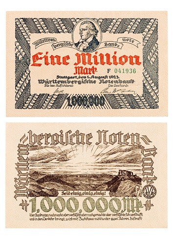 1 Million Deutsche Reichsmark Bill from 1923, evil Time of Inflation in Germany. Front and Back View. Isolated on White.