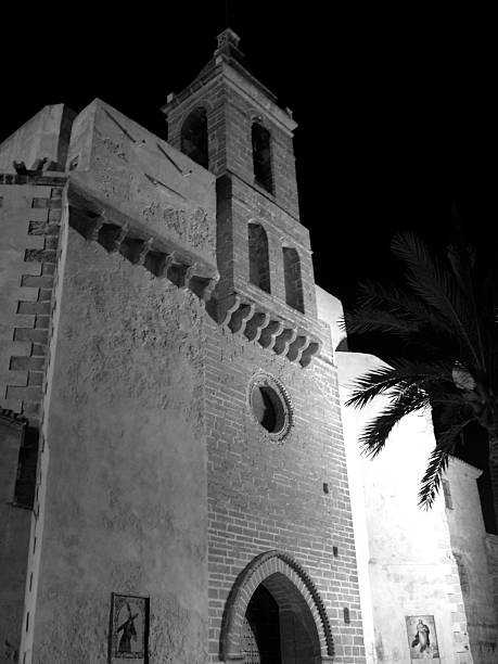 istock Spanish Church at Night with Palm Tree Black and White 471158282