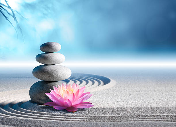sand, lily and stones in zen garden - spa background pink water lily in rock garden - meditation of soul buddhism stock pictures, royalty-free photos & images