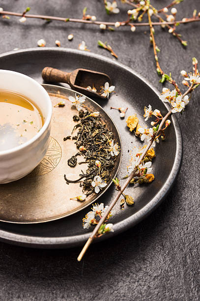 istock Cup of green Chinese Tea with fresh cherry blossoms 471161304