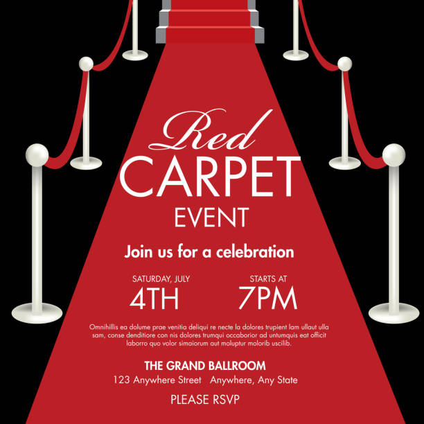 Vintage style Red and black Carpet Event ticket invitation template Vintage style Red and gold Carpet Event ticket party invitation template. Royalty free Vector illustration of a Red Carpet Event icon with angled carpet and staircase. Star on face of gala event admission ticket. Red and black. Fully editable and  easy to edit vector illustration layers. Includes sample text design and shadow below. red carpet stock illustrations