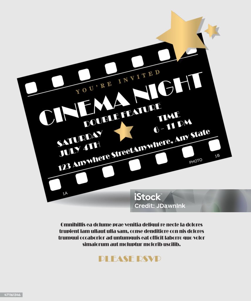 Retro cinema movie film cell invitation design template Vintage style black and gold cinema movie film night. Event ticket party invitation template. Soft gray background. Royalty free Vector illustration of a  Star on face of gala event admission ticket. Black and gold. Fully editable and  easy to edit vector illustration layers. Includes sample text design and shadow below. Movie stock vector