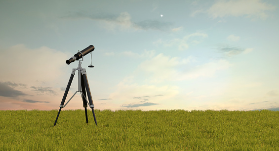 Spyglass in a green field at sunset - 3D Rendering