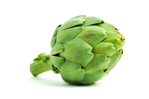 An artichoke, a fresh, raw, green vegetable with an edible heart. The food may be grown organically in a garden or on a commercial farm for healthy eating. The grocery is an ingredient of gourmet or vegetarian meals. Cut out and isolated on white, with soft shadows to add dimension.