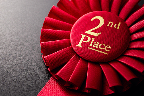 2nd place winners rosette in pleated red ribbon