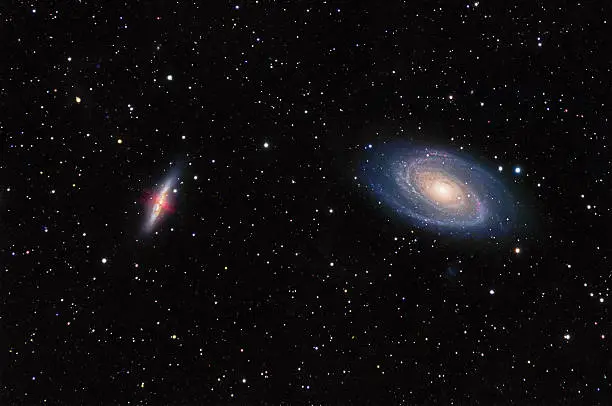 Astrophotograph of the close pair of galaxies M81 ("Bode's Nebula") and M82 in Ursa Major (the Big Dipper).  Taken January 2009 from my backyard observatory.