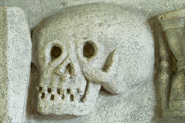istock Carving of skull on gravestone 471163459