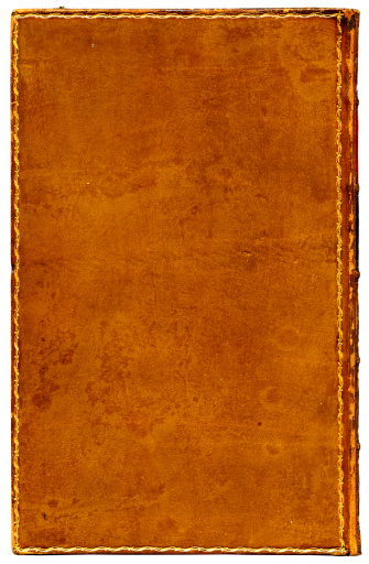 An old leather cover of a vintage book with a gold border, isolated on a white background.