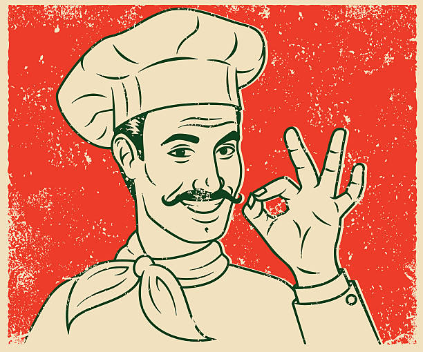 An vintage styled line art illustration of a smiling handsome chef giving an 'OK' sign. Grunge texture added to create a trendy screen printed effect.