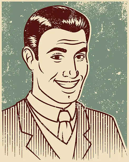 Vector illustration of Retro Screen Print Smiling Handsome Man Line Art Illustration