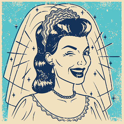 An vintage styled line art illustration of a smiling bride giving an 'OK' sign. Grunge texture added to create a trendy screen printed effect.