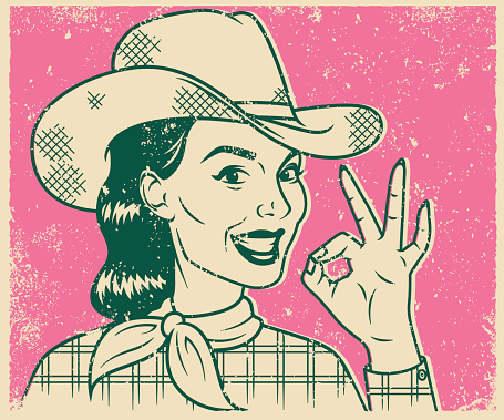 An vintage styled line art illustration of a smiling cowgirl giving an OK sign. Grunge texture added to create a trendy screen printed effect.