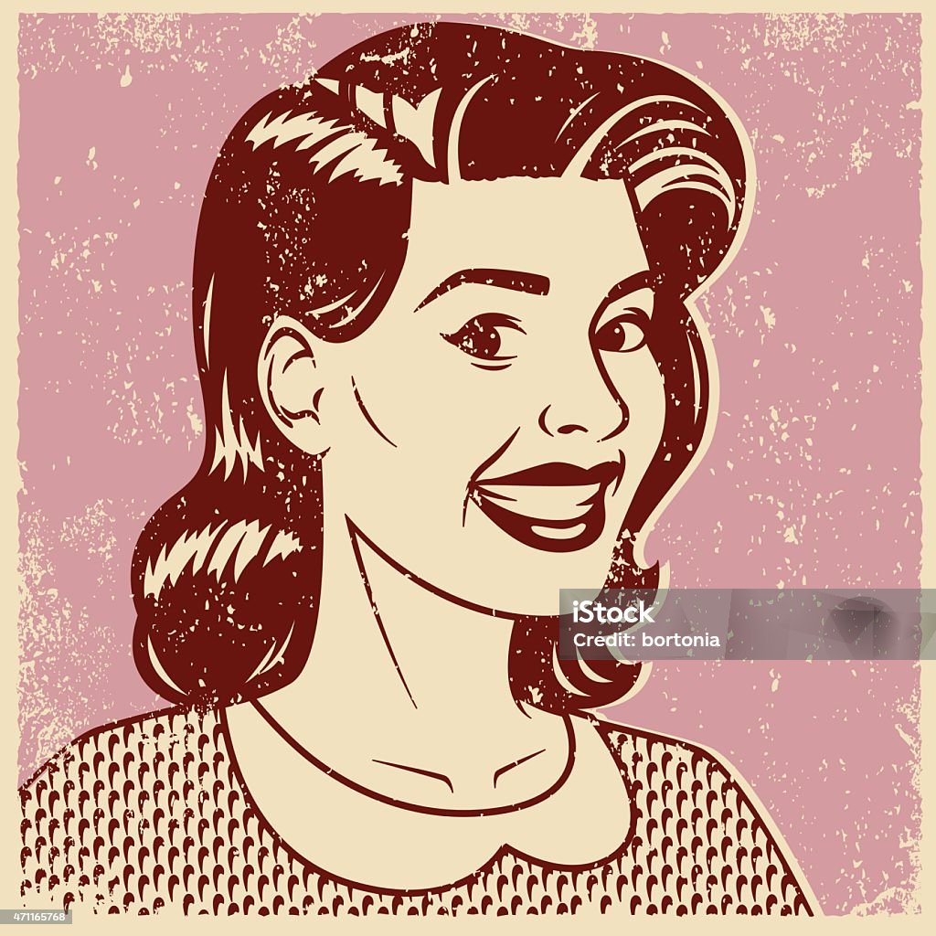 Pantalla de Impresión Retro mujer sonriente de ilustración Art - arte vectorial de 2015 libre de derechos