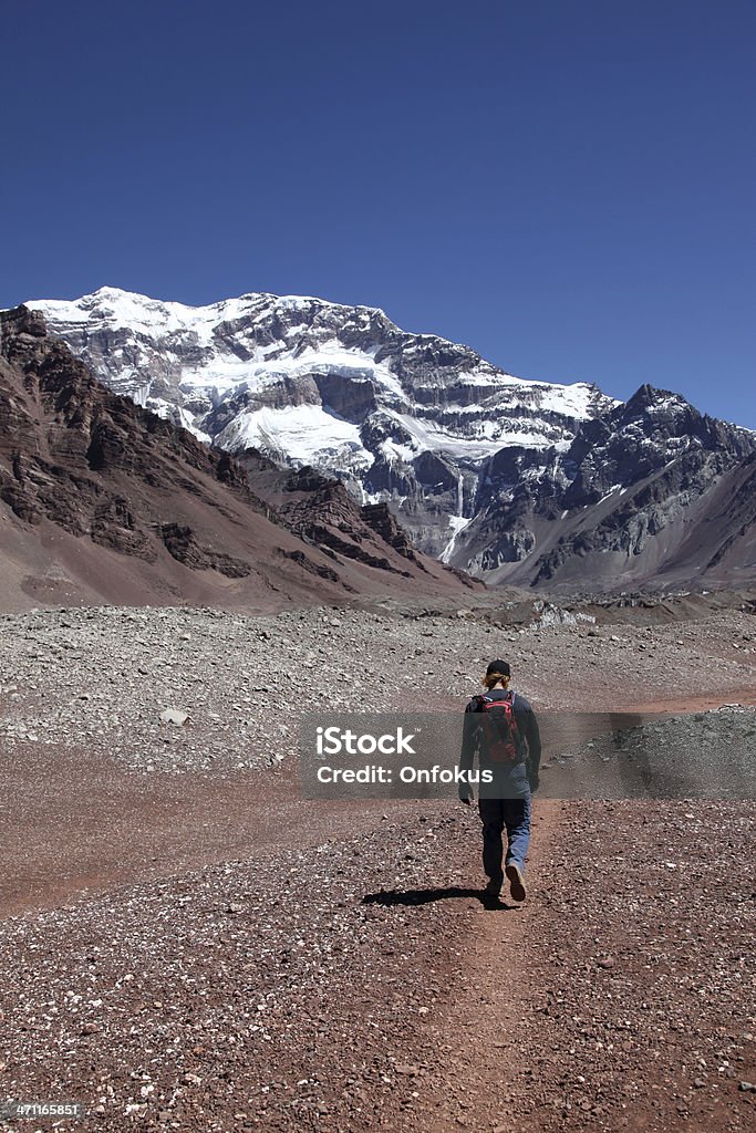 Человек Hiker ходьбы от Гора Аконкагуа на высшем уровне, - Стоковые фото Альпинизм роялти-фри