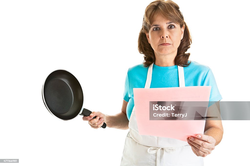 Mad as Hell Cook just received a "pink slip" (termination letter) and is ready to hit someone with a frying pan. Sale Stock Photo