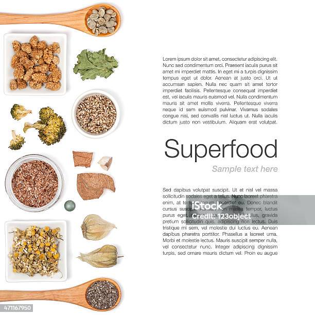 Various Superfood On White Background Stock Photo - Download Image Now - 2015, Acai, Alternative Medicine