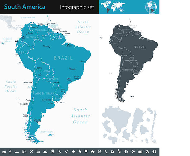 ilustrações, clipart, desenhos animados e ícones de américa do sul – infográfico mapa-ilustração - chile map topography topographic map