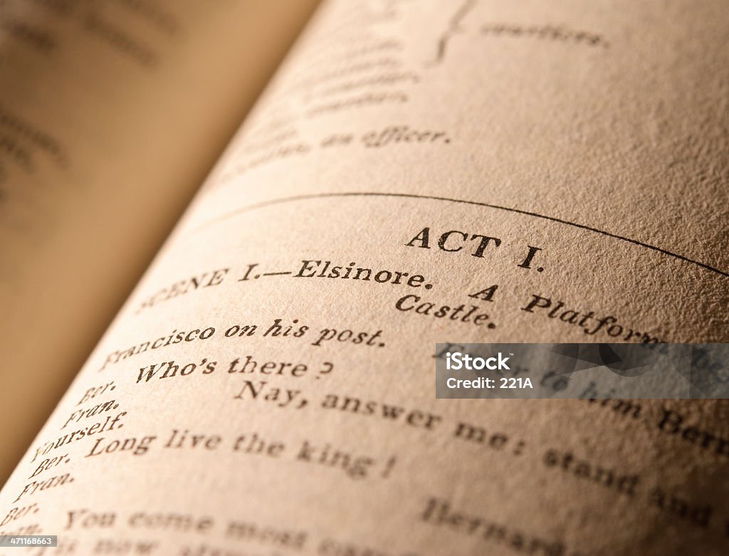 Shakespeare's Plays - Hamlet Side-lit, warmly toned macro shot of the first page of the play "Hamlet" in an antique edition (London 1839) of Shakespeare's Plays. Selective focus on the words "Act 1" and "Elsinore". The paper texture is clearly visible, particularly to the right of the image. William Shakespeare Stock Photo