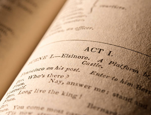 Shakespeare's Plays - Hamlet Side-lit, warmly toned macro shot of the first page of the play "Hamlet" in an antique edition (London 1839) of Shakespeare's Plays. Selective focus on the words "Act 1" and "Elsinore". The paper texture is clearly visible, particularly to the right of the image. william shakespeare photos stock pictures, royalty-free photos & images