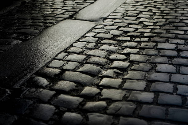 istock Dawn sunlight on wet cobblestones 471169307