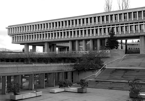 The Academic Quadrangle at Simon Fraser University in suburban Vancouver, BC.  Designed by Arthur Erickson.  