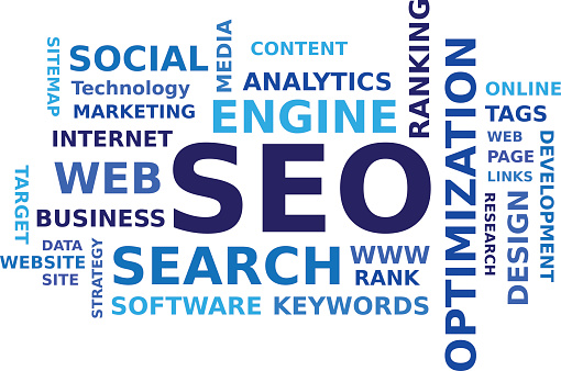 SEO(Search Engine Optimization) word cloud isolated on white background - Vector eps8.