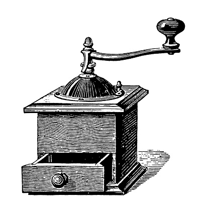 Antique engraving of a coffee grinder, isolated on white. Very high XXXL resolution image scanned at 600 dpi. 