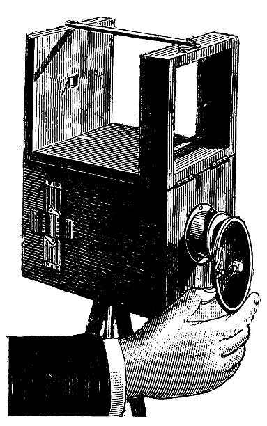 Photo camera Antique engraving of a hand, holding vintage photo camera (isolated on white). Very high XXXL resolution image scanned at 600 dpi.  camera engraving old retro revival stock illustrations